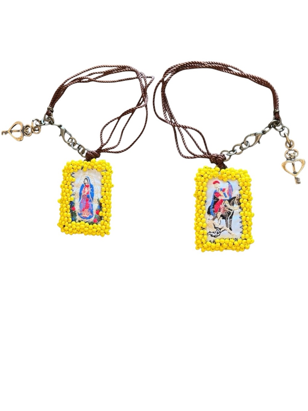 Our Lady Guadalupe St Martin Tours Metal Heart Charm Yellow Seed Bead Bracelet